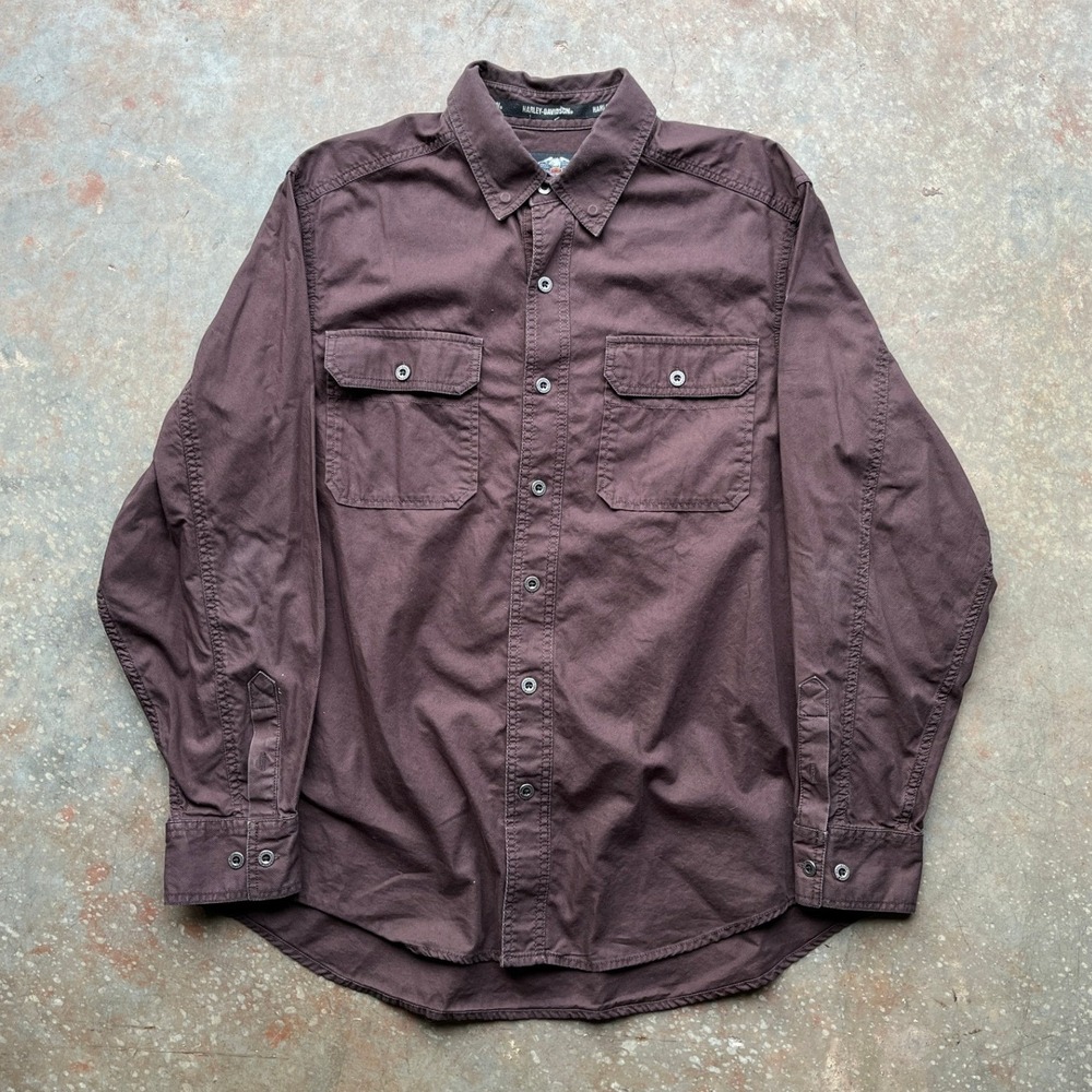 Harley Davidson Mens Brown Snap Button Work Shirt‎ Genuine Motorclothes Size L